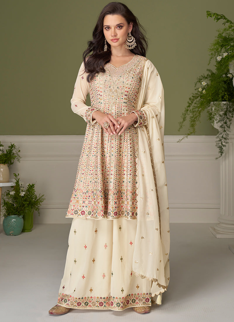 Cream Georgette Sequins Work Wedding Wear Readymade Plazzo Suit SW138551