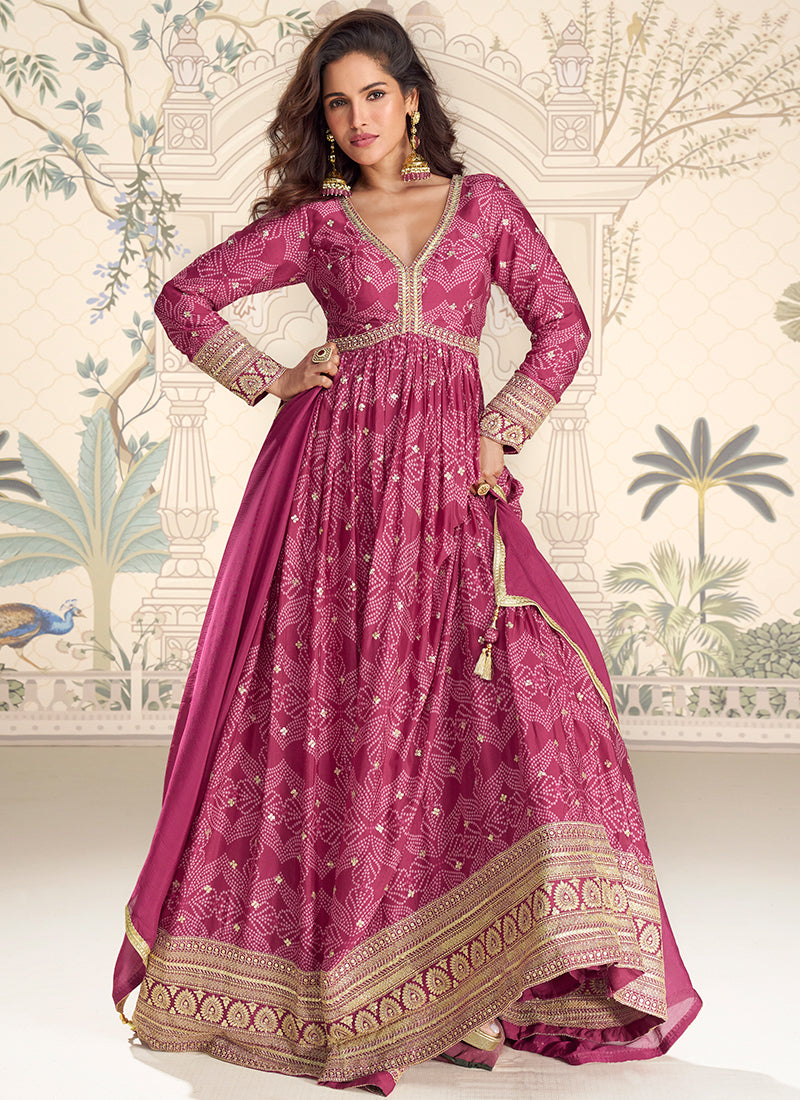 Pink Silk Printed Work Wedding Wear Readymade Anarkali Suit SW510980