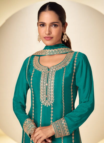 Teal Green Chinon Sequins Work  Wedding Wear Readymade Plazzo Suit SW346649