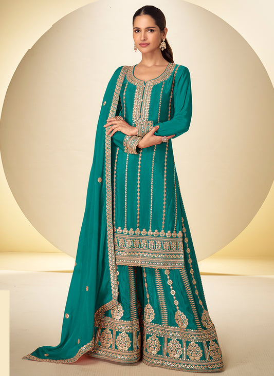 Teal Green Chinon Sequins Work  Wedding Wear Readymade Plazzo Suit SW346649