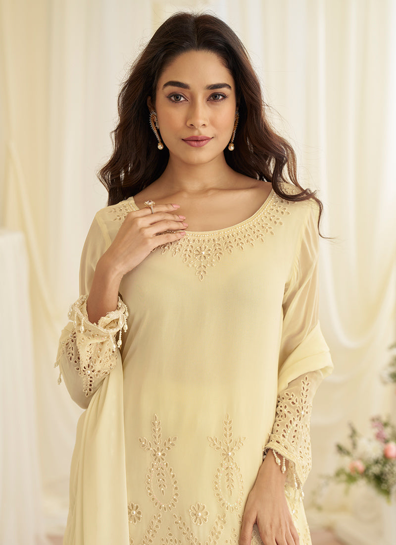 Cream Silk Embroidery Work Occasional Wear Readymade Plazzo Suit SW948654
