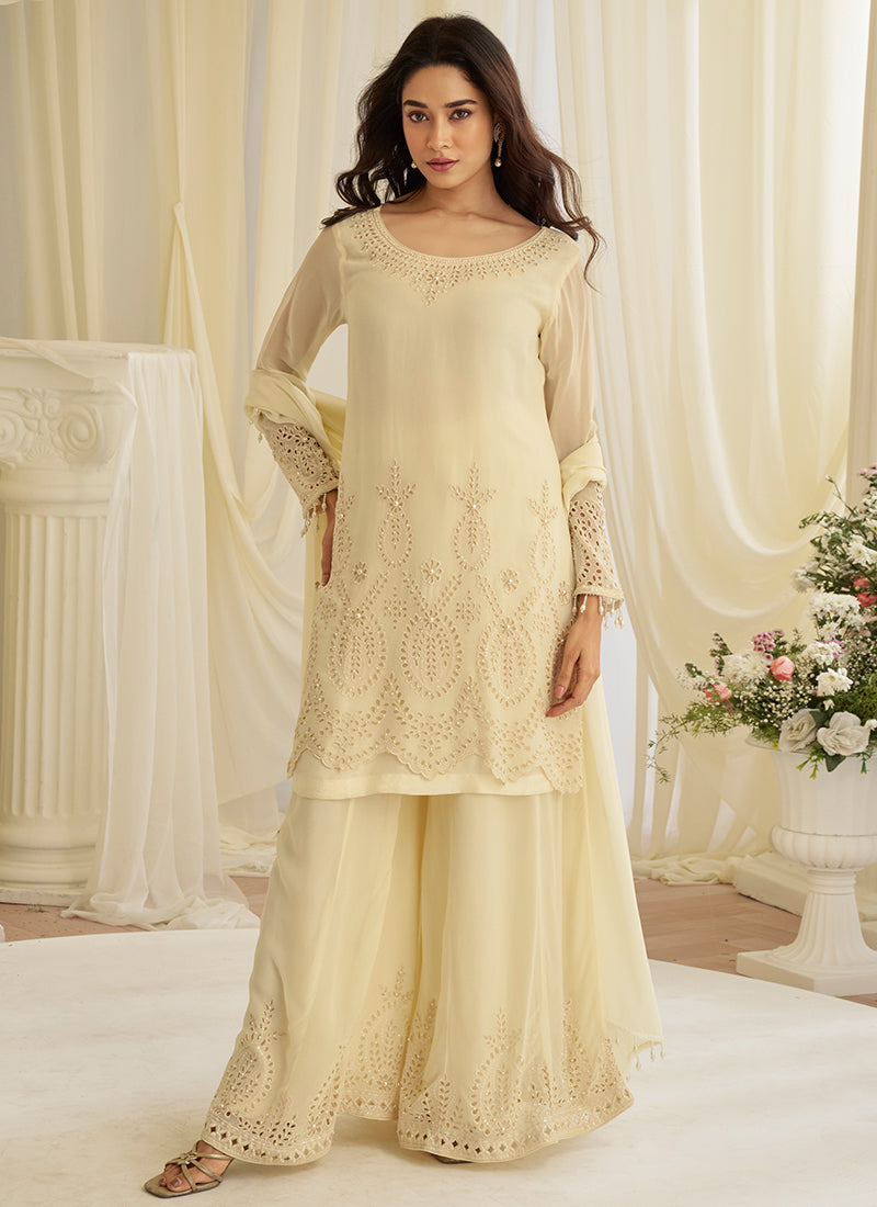 Cream Silk Embroidery Work Occasional Wear Readymade Plazzo Suit SW948654