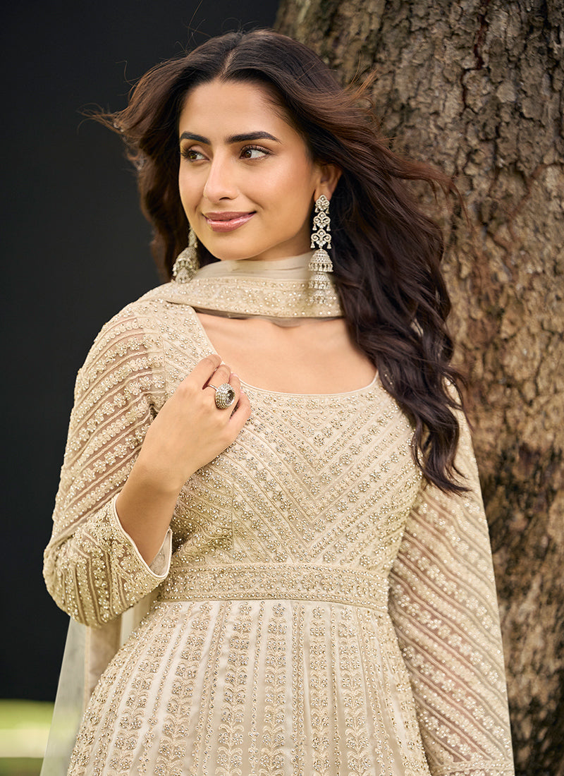 Beige Net Embroidery Work Eid Wear Readymade Plazzo Suit SW979713