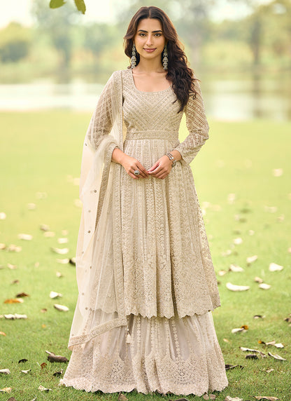 Beige Net Embroidery Work Eid Wear Readymade Plazzo Suit SW979713