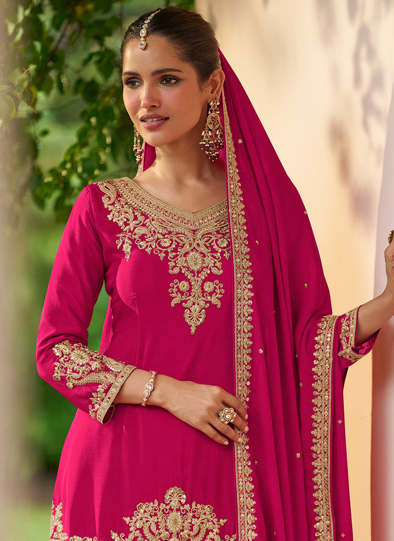 Hot Pink Chinon Sequins Work  Wedding Wear Readymade Plazzo Suit SW432741