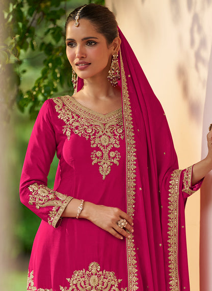 Hot Pink Chinon Sequins Work  Wedding Wear Readymade Plazzo Suit SW432741