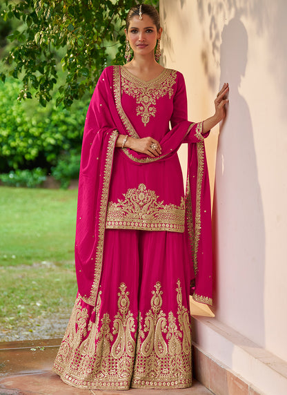 Hot Pink Chinon Sequins Work  Wedding Wear Readymade Plazzo Suit SW432741