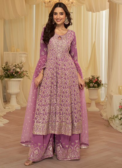 Lavender Georgette Embroidery Work Wedding Wear Readymade Plazzo Suit SW275765