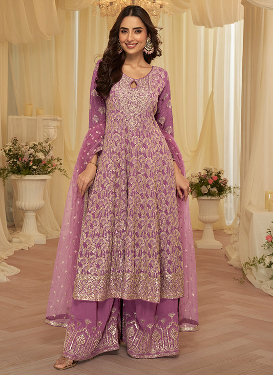 Lavender Georgette Embroidery Work Wedding Wear Readymade Plazzo Suit SW275765