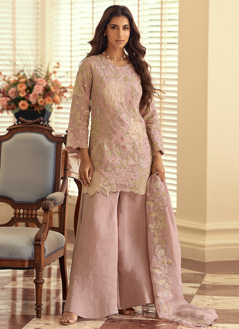 Onion Shimmer Silk Hand Work Party Wear Readymade Plazzo Suit SW299360