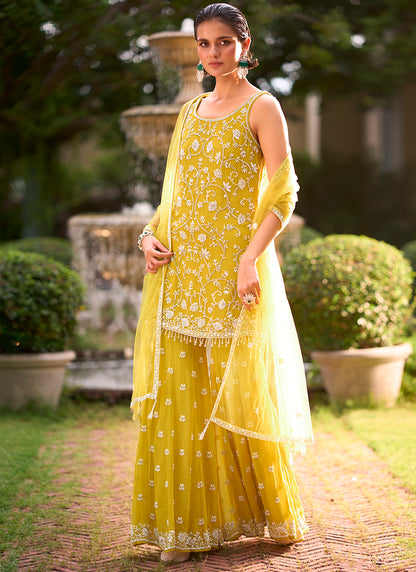Yellow Georgette Thread Work Wedding Wear Readymade Plazzo Suit SW406023