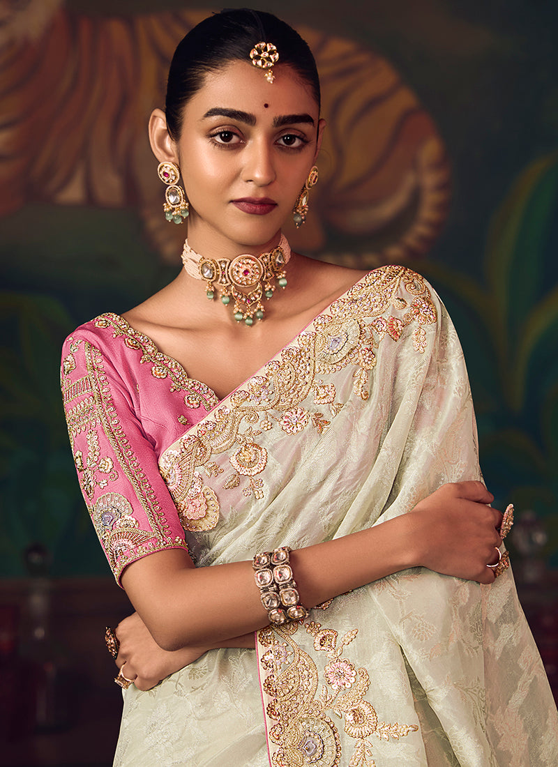 Silk Off White Wedding Wear Embroidery Work Saree 386912