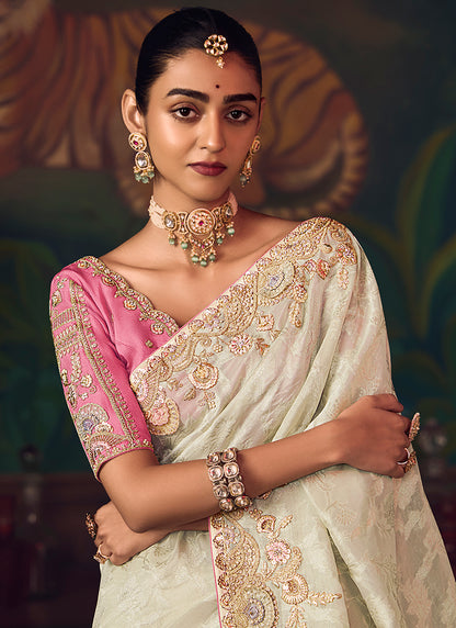 Silk Off White Wedding Wear Embroidery Work Saree 386912