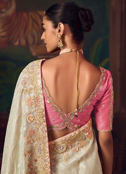 Silk Off White Wedding Wear Embroidery Work Saree 386912