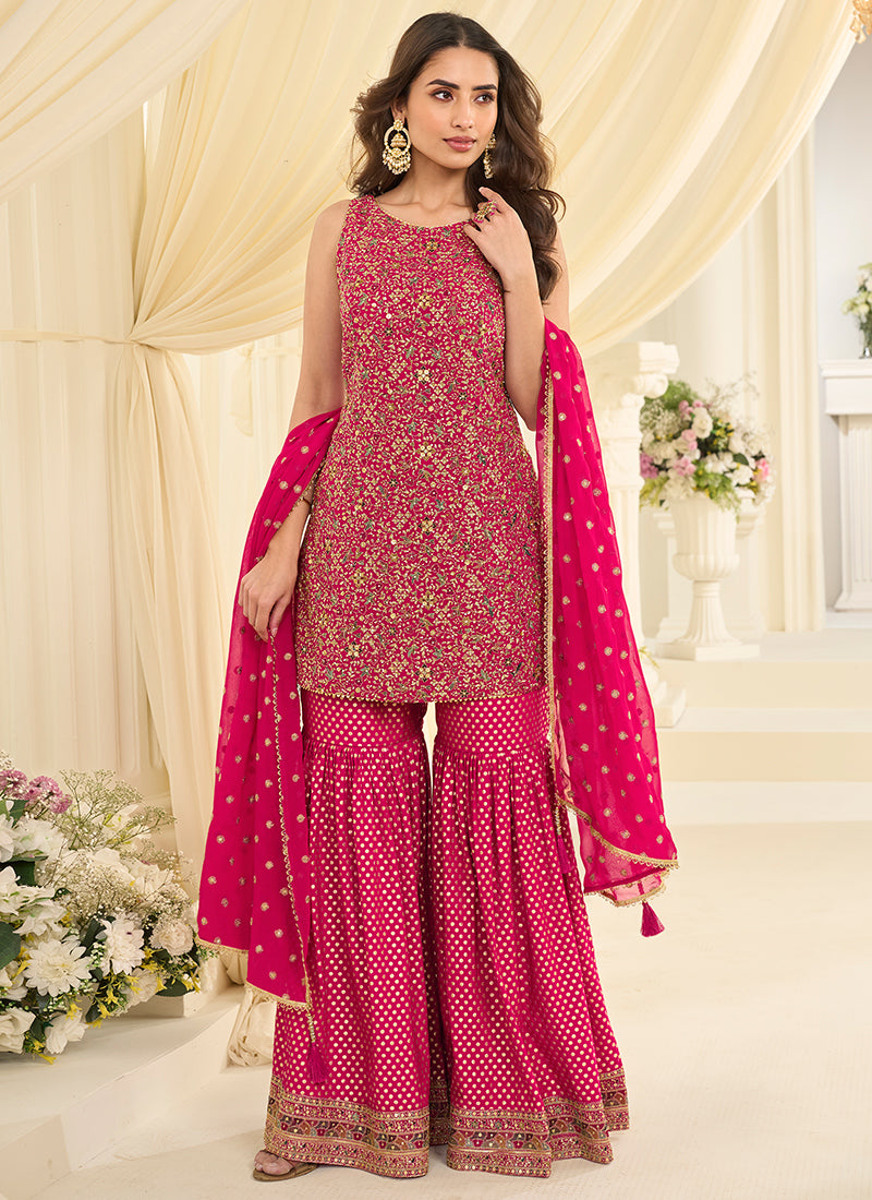 Hot Pink Georgette Embroidery Work Wedding Wear Readymade Sharara Suit SW245537