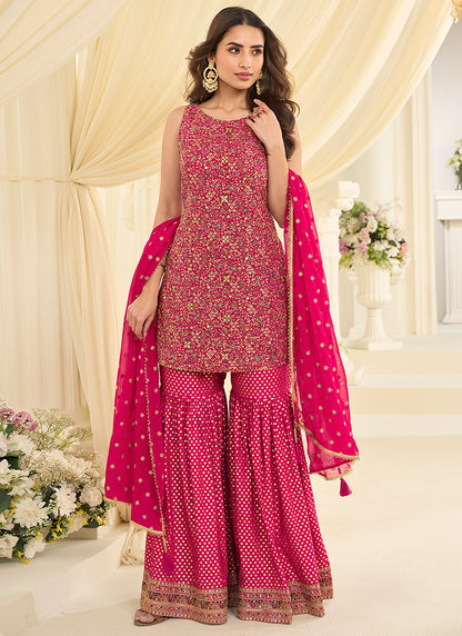 Hot Pink Georgette Embroidery Work Wedding Wear Readymade Sharara Suit SW245537