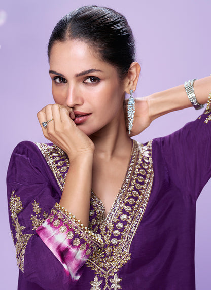 Silk Violet Casual Wear Embroidery Work Readymade Kurti 380632