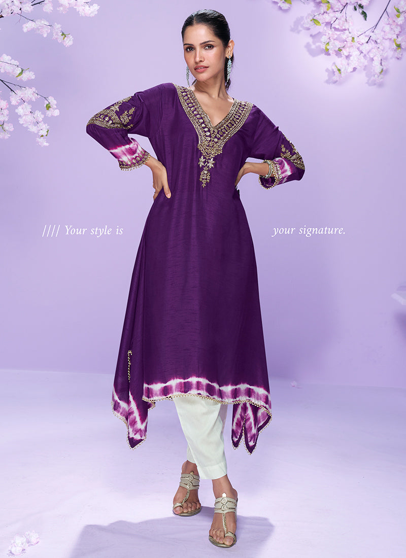 Silk Violet Casual Wear Embroidery Work Readymade Kurti 380632