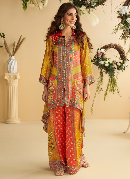 Crepe Silk Multi Color Party Wear Mirror Work Readymade Cord Set 381531