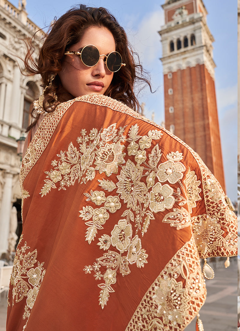 Crepe Rust Orange Party Wear Embroidery Work Readymade Indo-Western Suit 387066