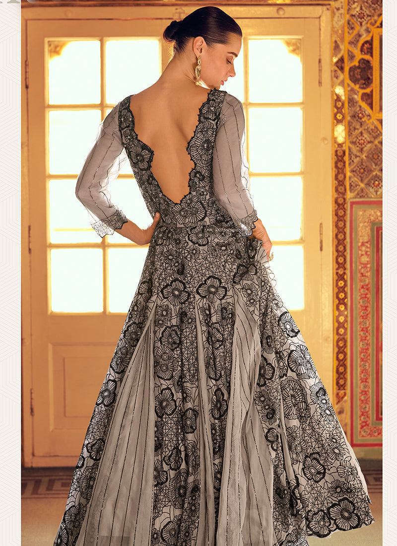 Off White Jaquard Silk Sequins Work  Party Wear Readymade Gown SW301857