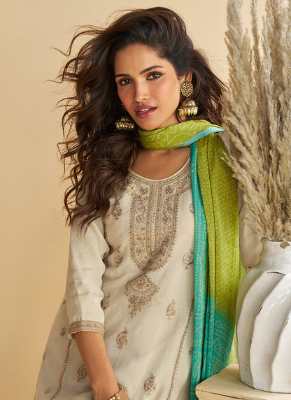 Chinon Off White Wedding Wear Sequins Work Readymade Plazzo Suit 386994