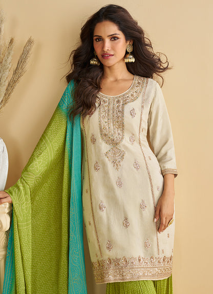 Chinon Off White Wedding Wear Sequins Work Readymade Plazzo Suit 386994