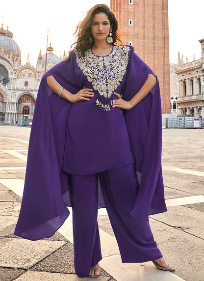 Crepe Silk Purple Festival Wear Embroidery Work Readymade Plazzo Suit 385704