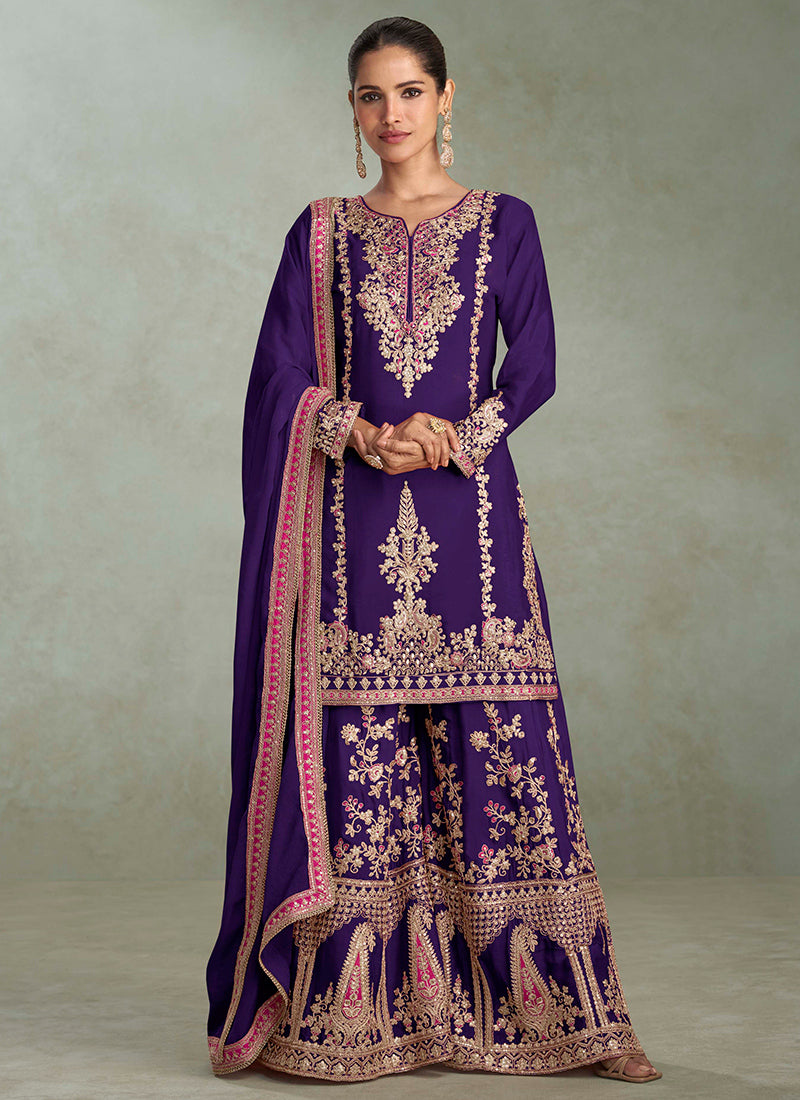 Chinnon Purple Wedding Wear Embroidery Work Readymade Sharara Suit 385697
