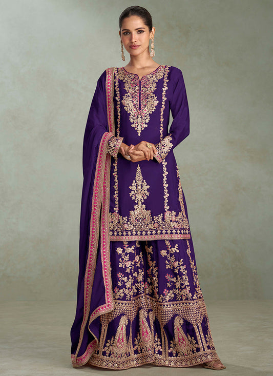 Chinnon Purple Wedding Wear Embroidery Work Readymade Sharara Suit 385697