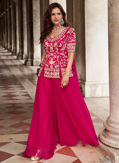 Organza Hot Pink Party Wear Embroidery Work Readymade Plazzo Suit 386336
