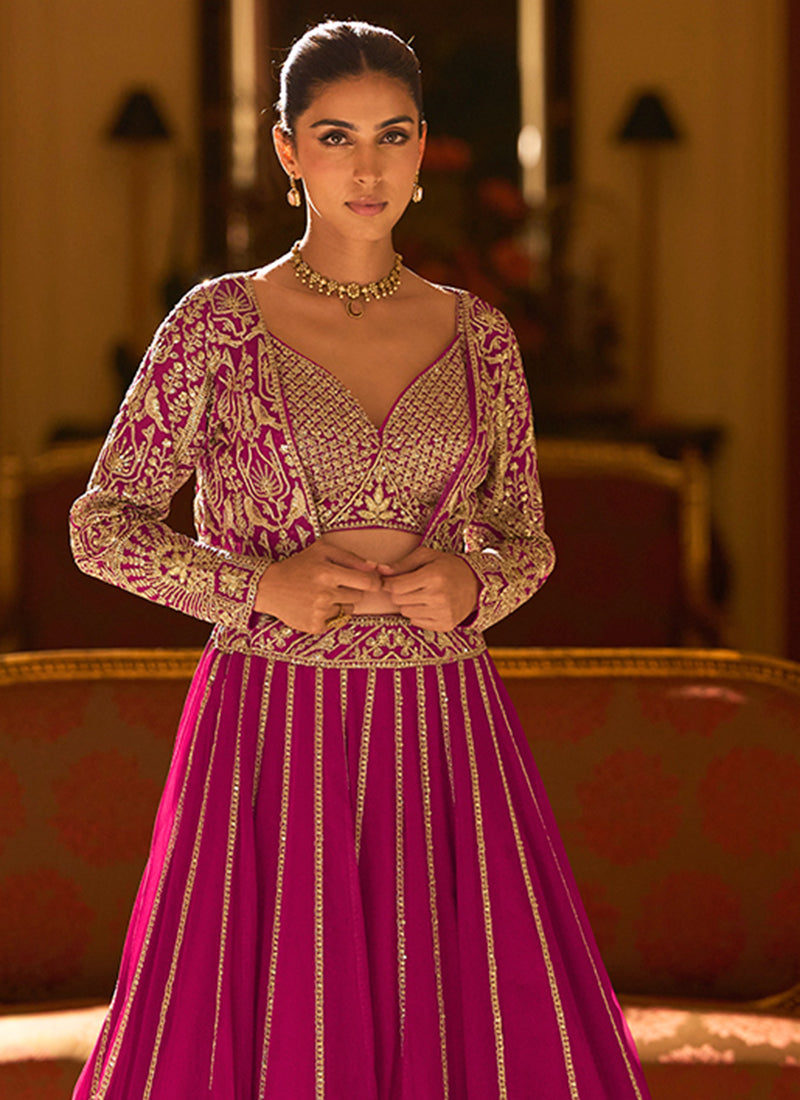 Georgette Pink Occasional Wear Sequins Work Readymade Shrug With Blouse And Lehenga 386889