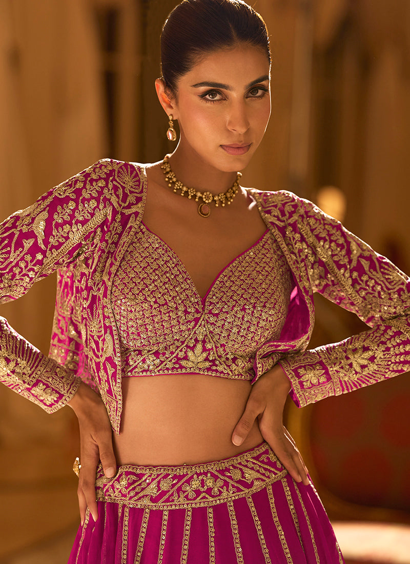 Georgette Pink Occasional Wear Sequins Work Readymade Shrug With Blouse And Lehenga 386889