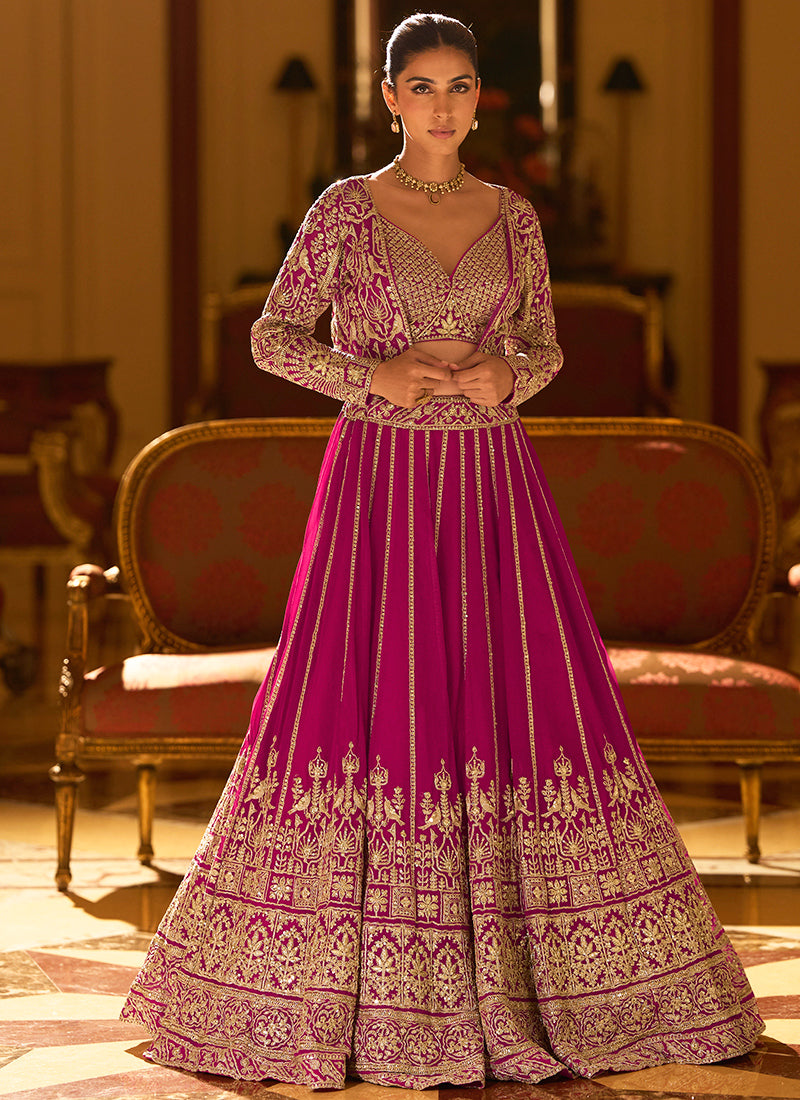 Georgette Pink Occasional Wear Sequins Work Readymade Shrug With Blouse And Lehenga 386889