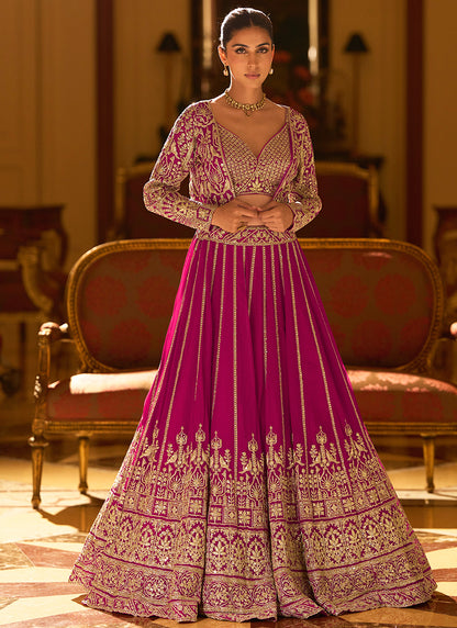 Georgette Pink Occasional Wear Sequins Work Readymade Shrug With Blouse And Lehenga 386889