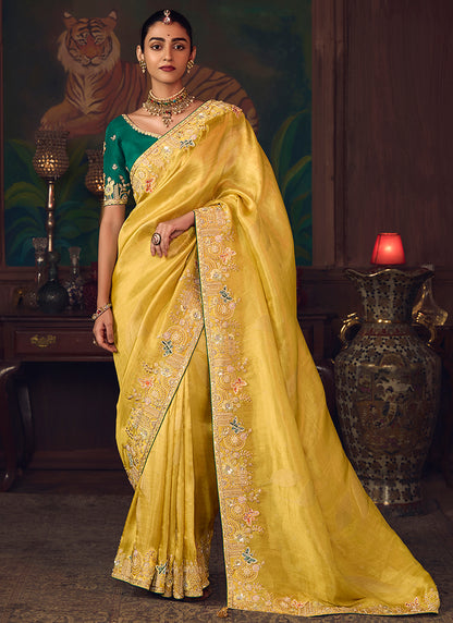 Silk Mustard Wedding Wear Embroidery Work Saree 386913