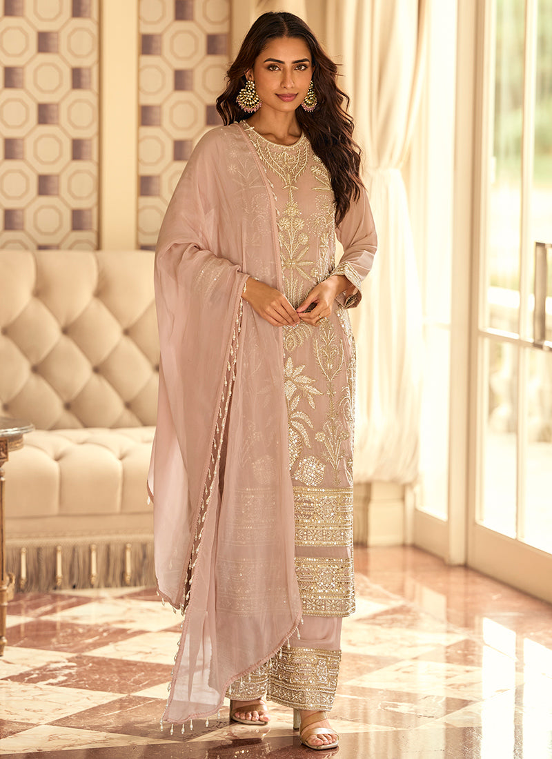 Georgette Light Pink Wedding Wear Embroidery Work Readymade Plazzo Suit 387062