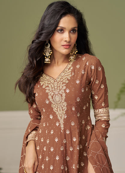 Rust Brown Georgette Sequins Work Wedding Wear Readymade Plazzo Suit SW161974