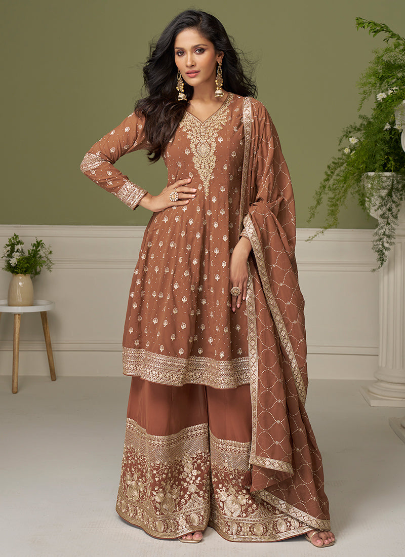 Rust Brown Georgette Sequins Work Wedding Wear Readymade Plazzo Suit SW161974