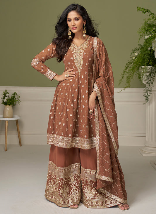 Rust Brown Georgette Sequins Work Wedding Wear Readymade Plazzo Suit SW161974