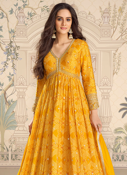 Yellow Silk Printed Work Wedding Wear Readymade Anarkali Suit SW178558