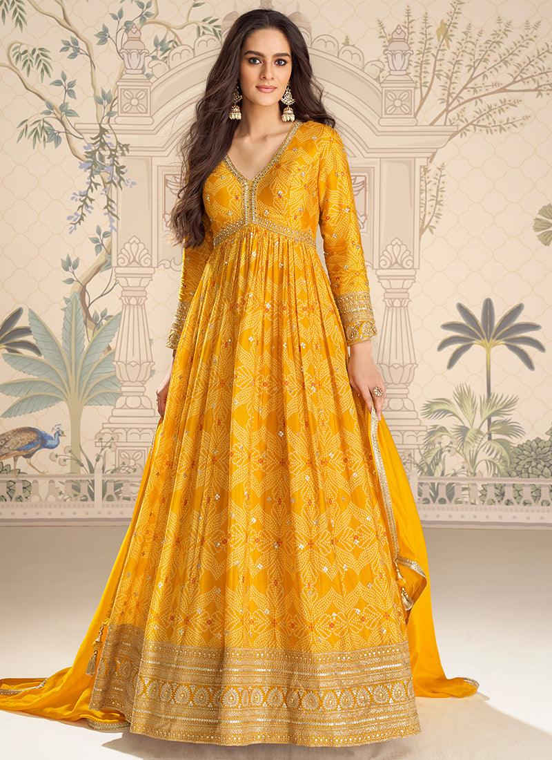Yellow Silk Printed Work Wedding Wear Readymade Anarkali Suit SW178558