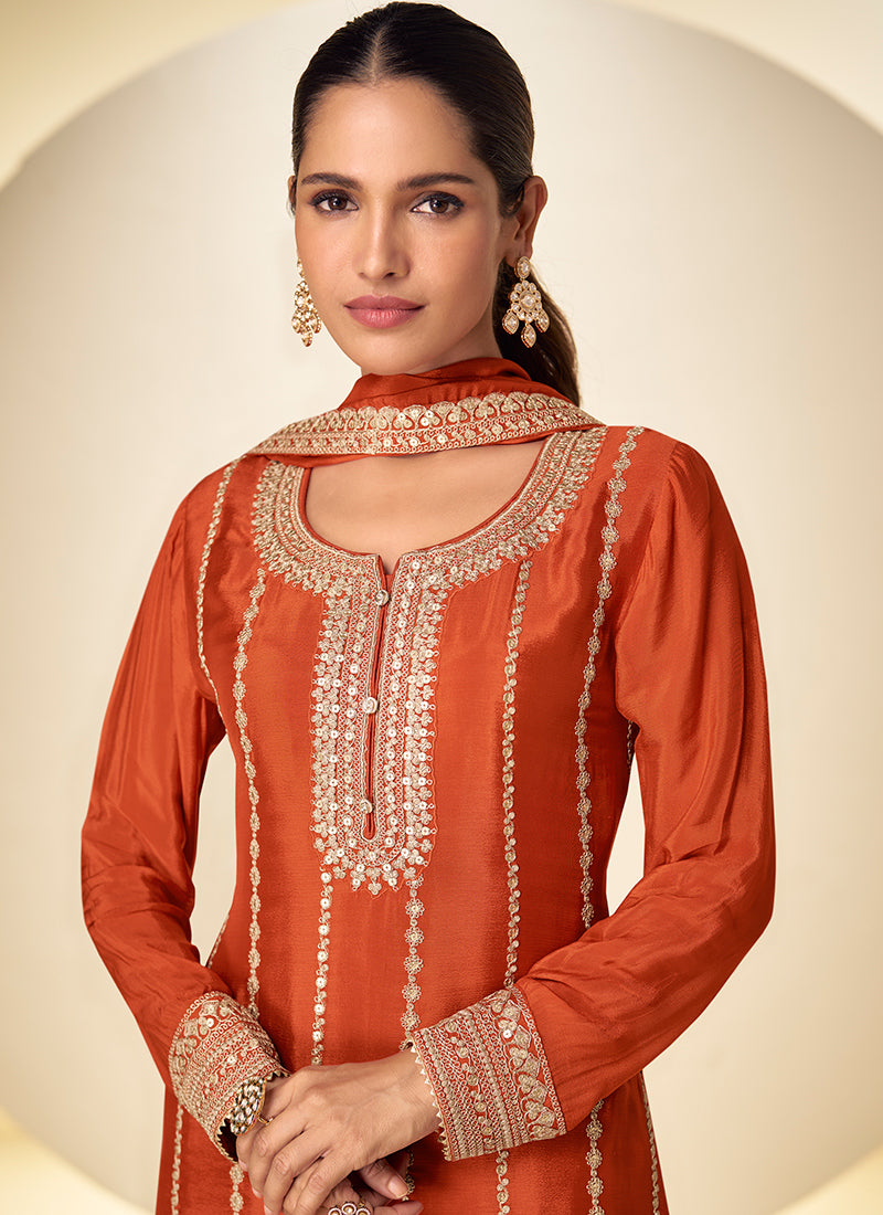 Rust Orange Chinon Sequins Work  Wedding Wear Readymade Plazzo Suit SW872841