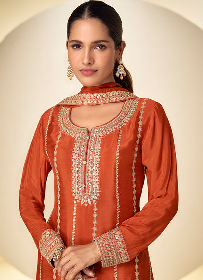 Rust Orange Chinon Sequins Work  Wedding Wear Readymade Plazzo Suit SW872841