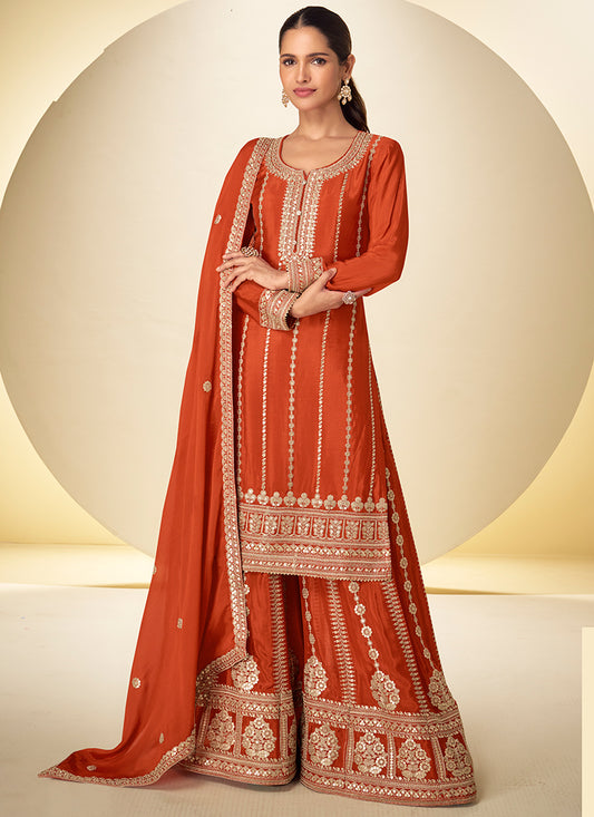 Rust Orange Chinon Sequins Work  Wedding Wear Readymade Plazzo Suit SW872841