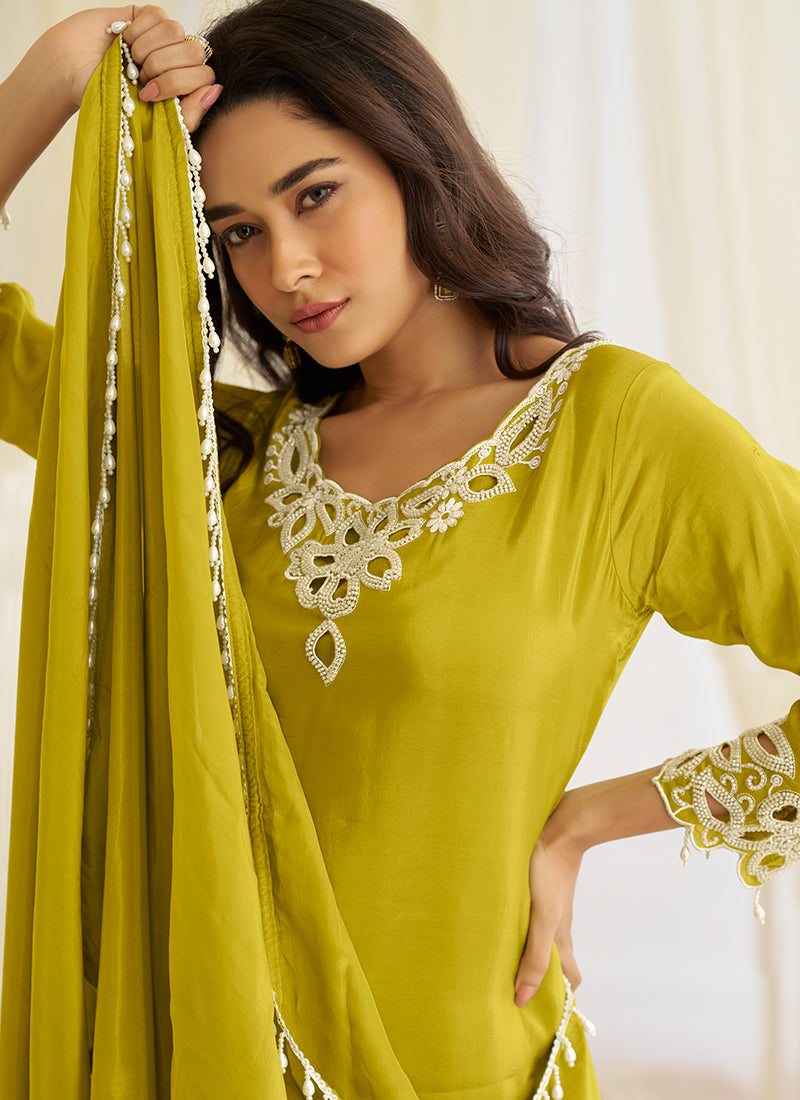 Olive Green Silk Embroidery Work Occasional Wear Readymade Plazzo Suit SW345131