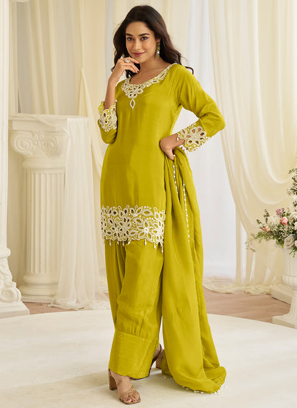 Olive Green Silk Embroidery Work Occasional Wear Readymade Plazzo Suit SW345131