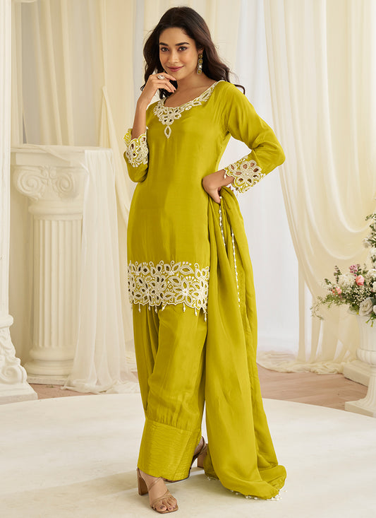 Olive Green Silk Embroidery Work Occasional Wear Readymade Plazzo Suit SW345131