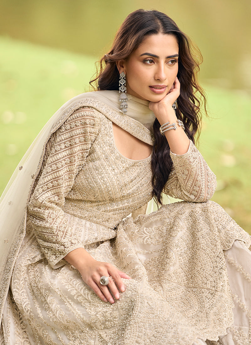 Beige Net Embroidery Work Eid Wear Readymade Plazzo Suit SW979713