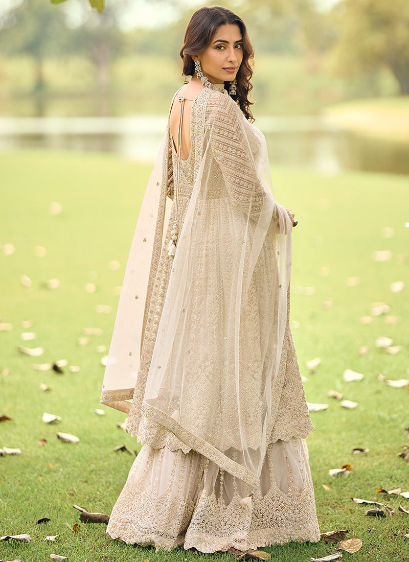 Beige Net Embroidery Work Eid Wear Readymade Plazzo Suit SW979713